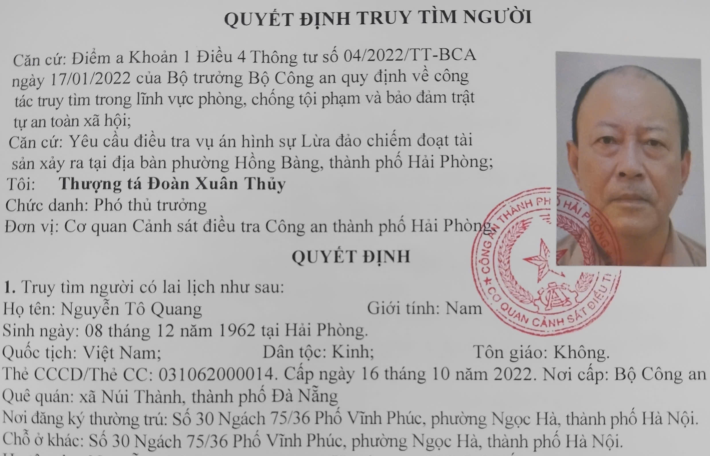 Cơ quan Cảnh sát điều tra Công an thành phố Hải Phòng thông báo truy tìm người đối với Nguyễn Tô Quang